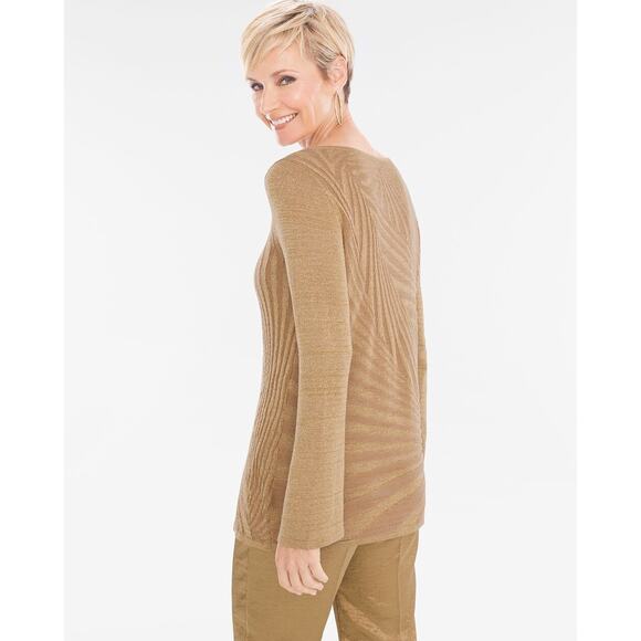 Chico’s Mixed Rib Shine Gold Knit Pullover Long Sleeve Sweater Top Size XL - Picture 2 of 12